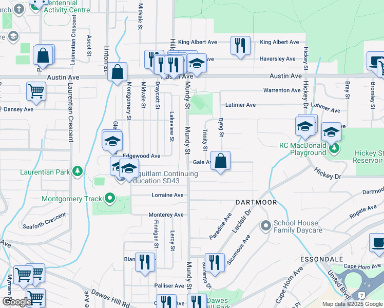 map of restaurants, bars, coffee shops, grocery stores, and more near 407 Mundy Street in Coquitlam