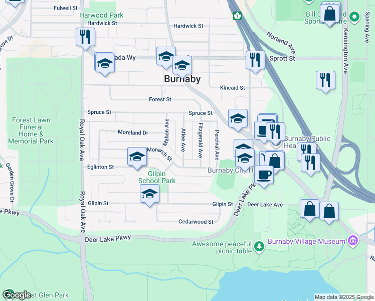 map of restaurants, bars, coffee shops, grocery stores, and more near 4450 Atlee Avenue in Burnaby