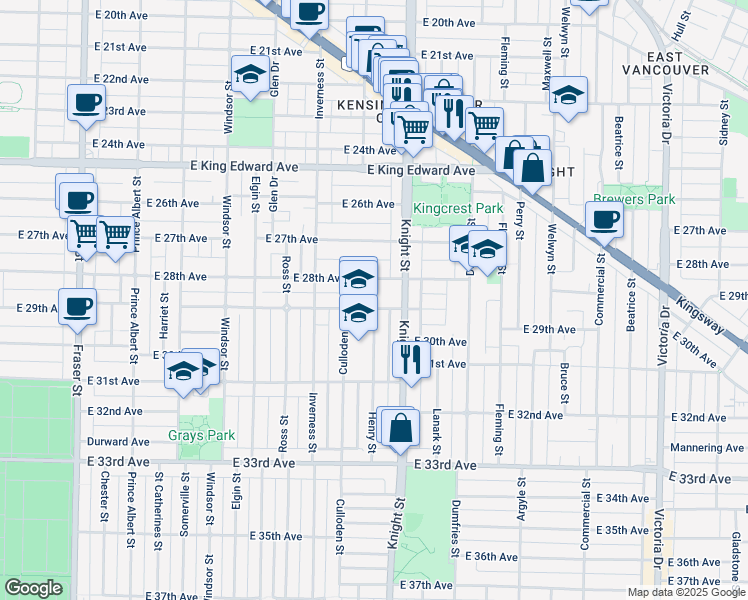 map of restaurants, bars, coffee shops, grocery stores, and more near 1327 East 29th Avenue in Vancouver