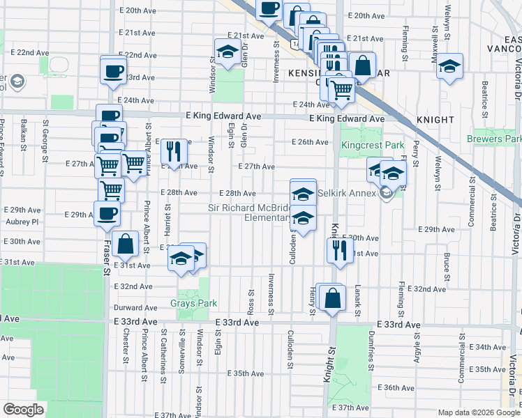 map of restaurants, bars, coffee shops, grocery stores, and more near 1171 East 29th Avenue in Vancouver
