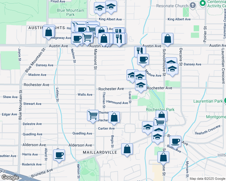 map of restaurants, bars, coffee shops, grocery stores, and more near 1126 Rochester Avenue in Coquitlam
