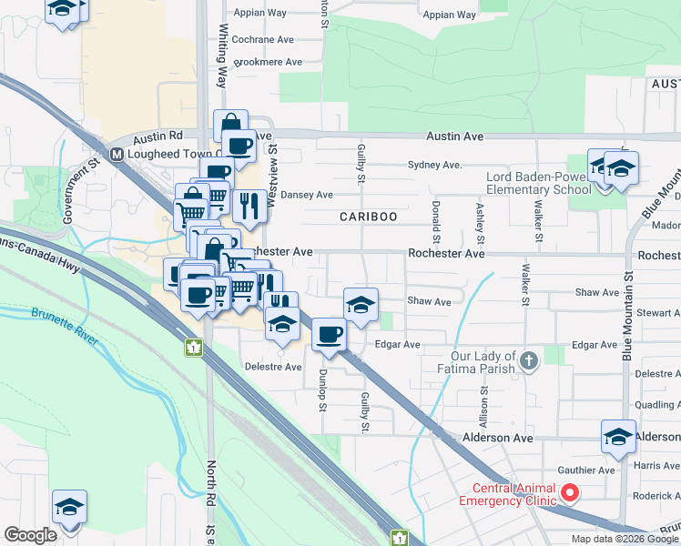 map of restaurants, bars, coffee shops, grocery stores, and more near 381 Clayton Street in Coquitlam