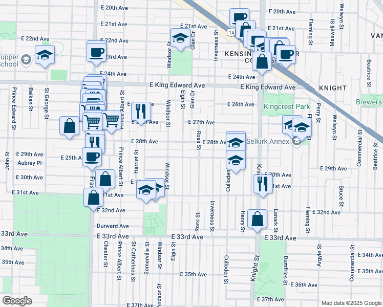 map of restaurants, bars, coffee shops, grocery stores, and more near 1133 East 29th Avenue in Vancouver
