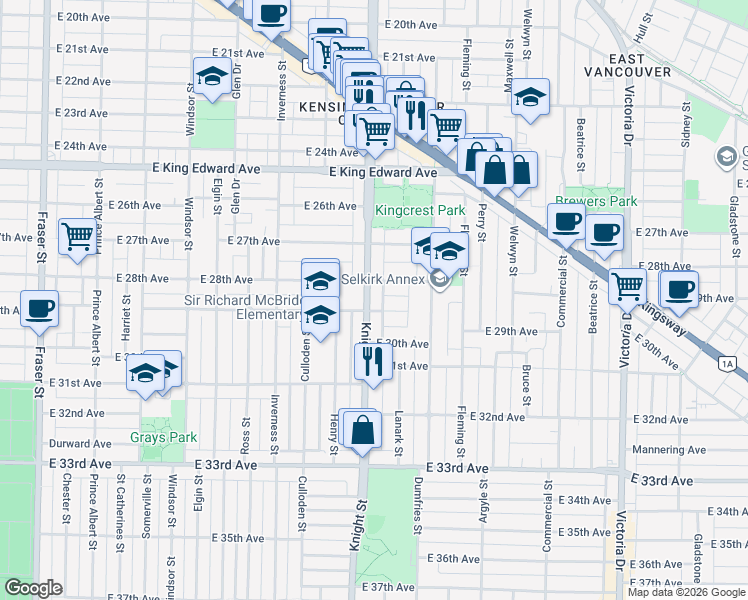 map of restaurants, bars, coffee shops, grocery stores, and more near 4480 Knight Street in Vancouver