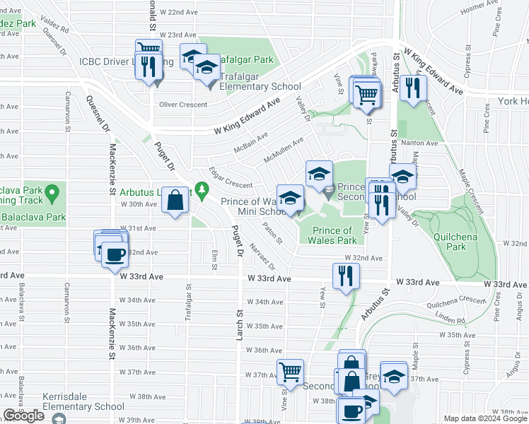 map of restaurants, bars, coffee shops, grocery stores, and more near 2406 Eddington Drive in Vancouver