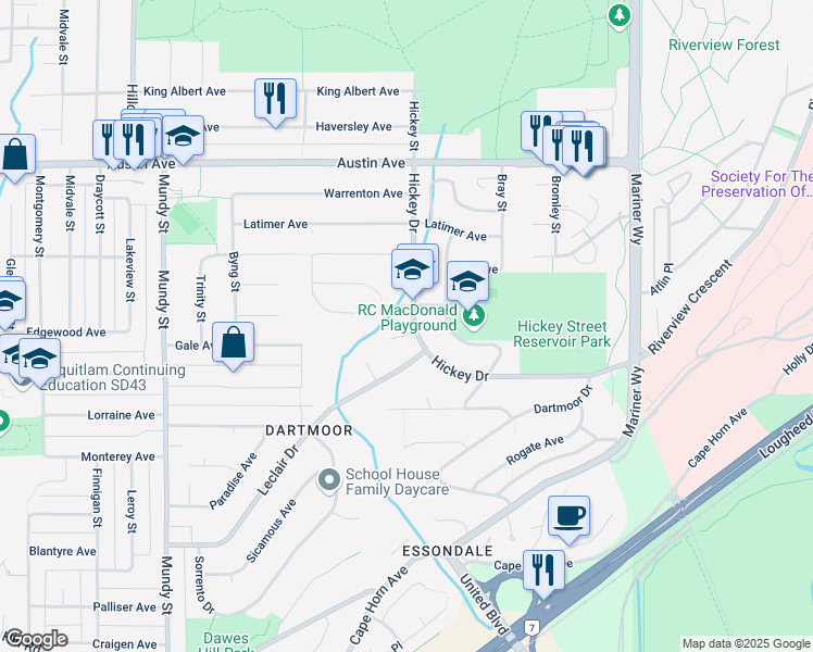 map of restaurants, bars, coffee shops, grocery stores, and more near 2497 Gale Avenue in Coquitlam