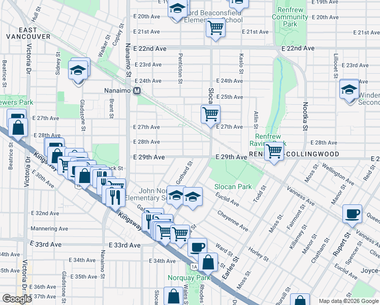 map of restaurants, bars, coffee shops, grocery stores, and more near 2623 East 29th Avenue in Vancouver