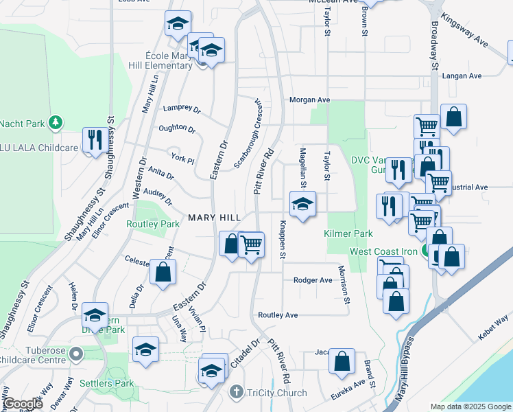 map of restaurants, bars, coffee shops, grocery stores, and more near Pitt River Road in Metro Vancouver