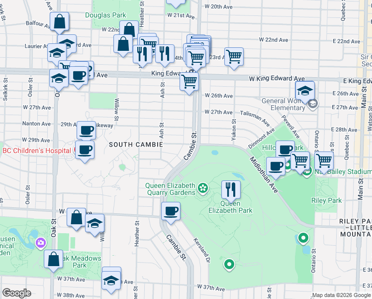map of restaurants, bars, coffee shops, grocery stores, and more near 508 West 29th Avenue in Vancouver