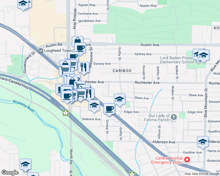 map of restaurants, bars, coffee shops, grocery stores, and more near 375 Clayton Street in Coquitlam