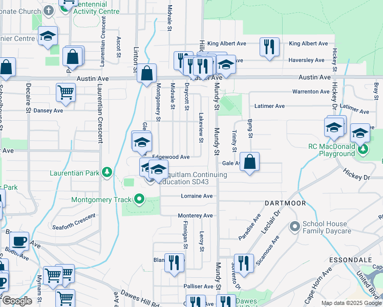 map of restaurants, bars, coffee shops, grocery stores, and more near 407 Draycott Street in Coquitlam
