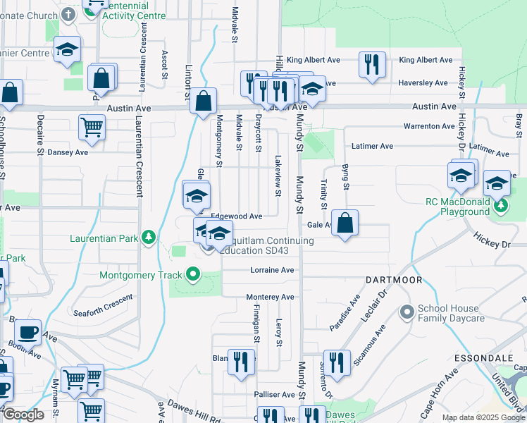 map of restaurants, bars, coffee shops, grocery stores, and more near 407 Draycott Street in Coquitlam