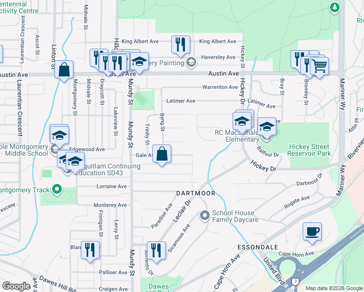 map of restaurants, bars, coffee shops, grocery stores, and more near 2294 Portage Avenue in Coquitlam