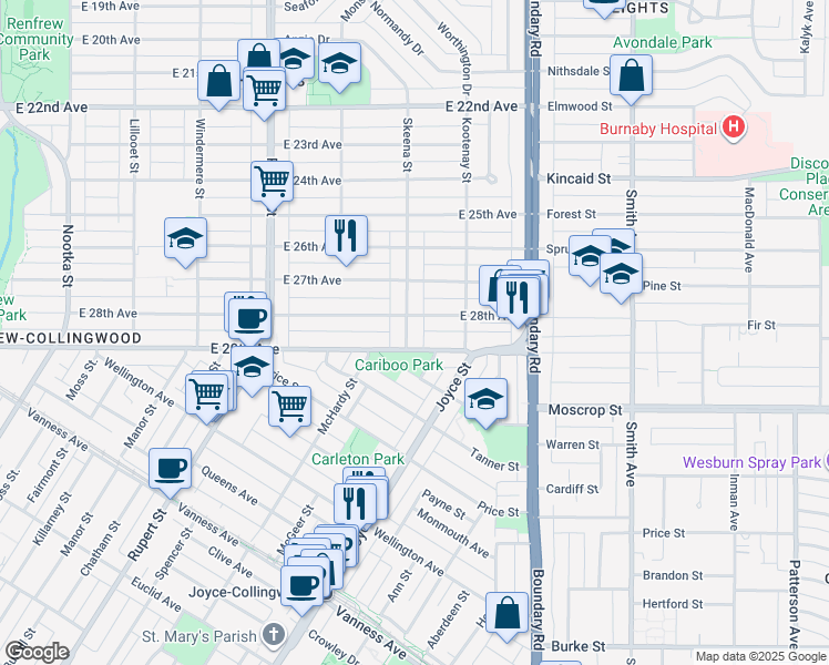 map of restaurants, bars, coffee shops, grocery stores, and more near 4458 Skeena Street in Vancouver