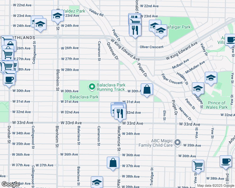 map of restaurants, bars, coffee shops, grocery stores, and more near 2908 West 30th Avenue in Vancouver