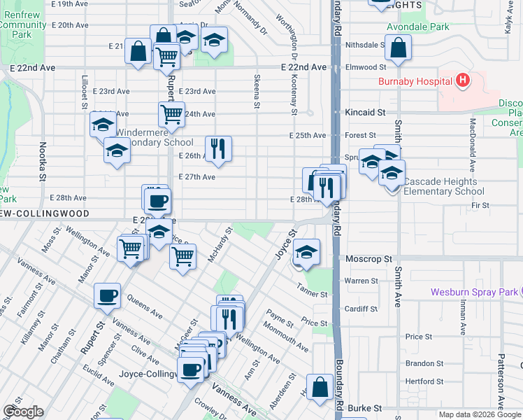 map of restaurants, bars, coffee shops, grocery stores, and more near 4458 Skeena Street in Vancouver