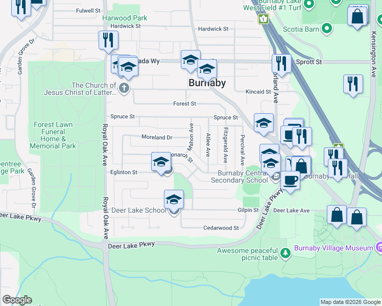 map of restaurants, bars, coffee shops, grocery stores, and more near 4390 Mahon Avenue in Burnaby
