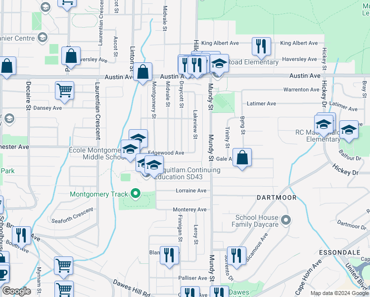 map of restaurants, bars, coffee shops, grocery stores, and more near 407 Draycott Street in Coquitlam