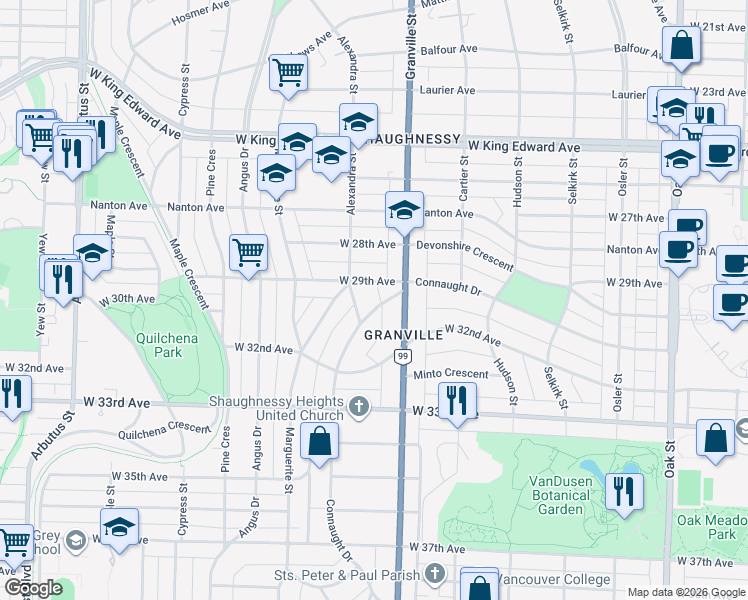 map of restaurants, bars, coffee shops, grocery stores, and more near 4567 Connaught Drive in Vancouver