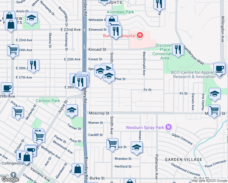map of restaurants, bars, coffee shops, grocery stores, and more near 4434 Smith Avenue in Burnaby