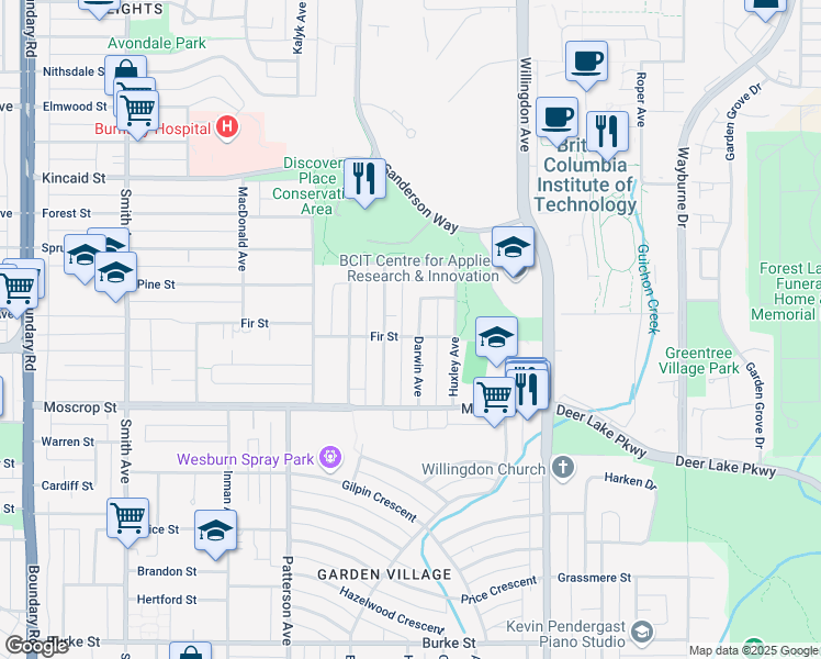 map of restaurants, bars, coffee shops, grocery stores, and more near 4317 Fir Street in Burnaby