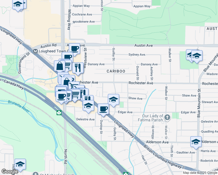 map of restaurants, bars, coffee shops, grocery stores, and more near 381 Clayton Street in Coquitlam