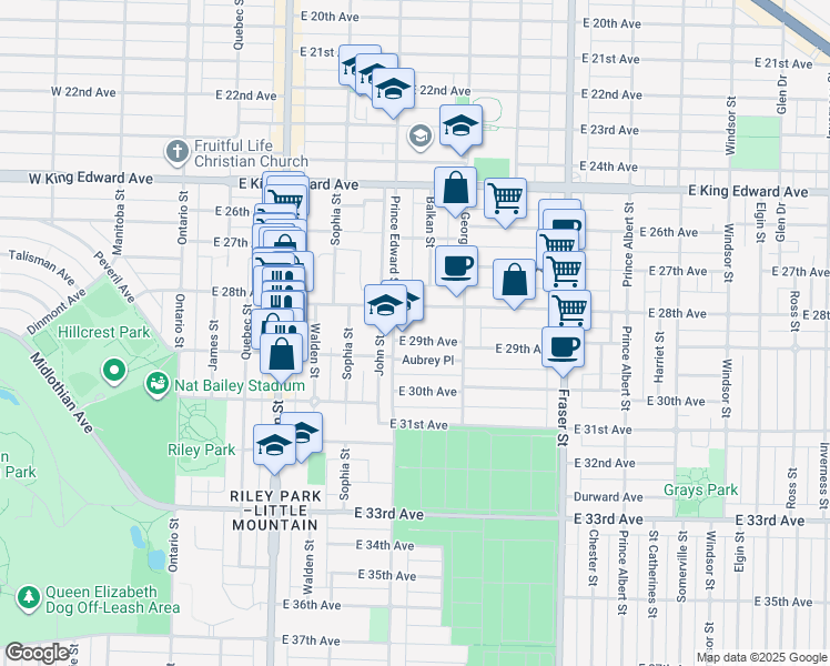 map of restaurants, bars, coffee shops, grocery stores, and more near 437 East 29th Avenue in Vancouver