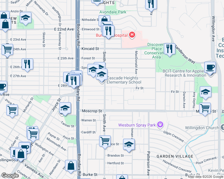 map of restaurants, bars, coffee shops, grocery stores, and more near 3850 Fir Street in Burnaby
