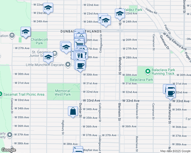 map of restaurants, bars, coffee shops, grocery stores, and more near 3520 West 30th Avenue in Vancouver