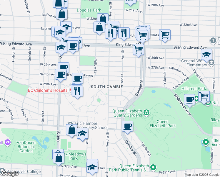 map of restaurants, bars, coffee shops, grocery stores, and more near 4516 Heather Street in Vancouver