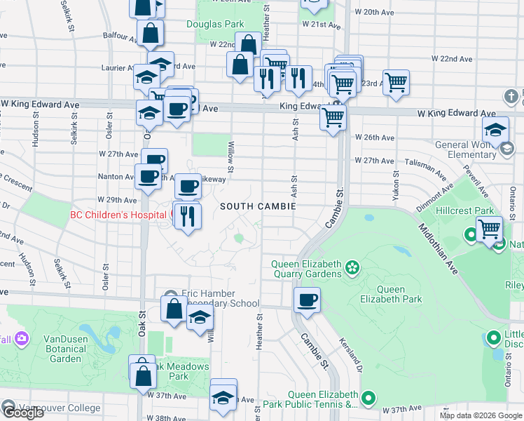 map of restaurants, bars, coffee shops, grocery stores, and more near in Vancouver