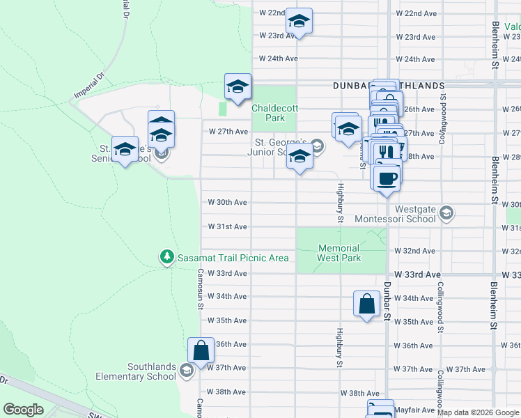 map of restaurants, bars, coffee shops, grocery stores, and more near 3978 West 30th Avenue in Vancouver