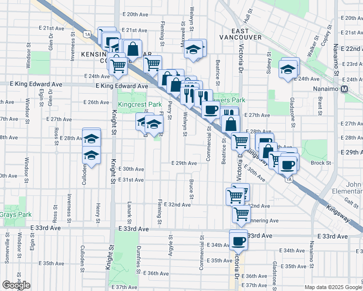 map of restaurants, bars, coffee shops, grocery stores, and more near 4463 Welwyn Street in Vancouver