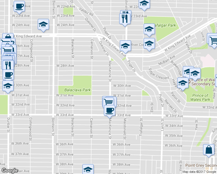 map of restaurants, bars, coffee shops, grocery stores, and more near 2908 West 30th Avenue in Vancouver