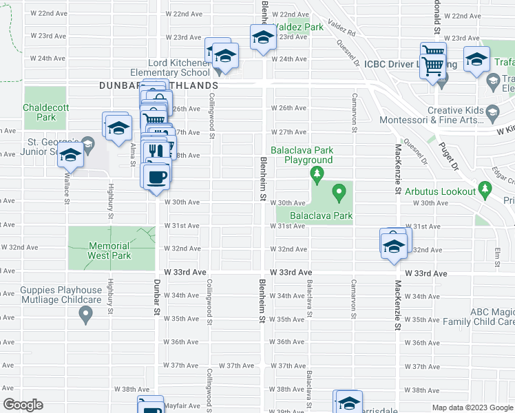 map of restaurants, bars, coffee shops, grocery stores, and more near 4607 Blenheim Street in Vancouver