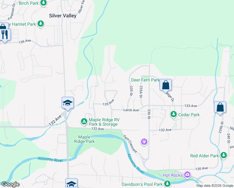 map of restaurants, bars, coffee shops, grocery stores, and more near 23476 133 Avenue in Maple Ridge