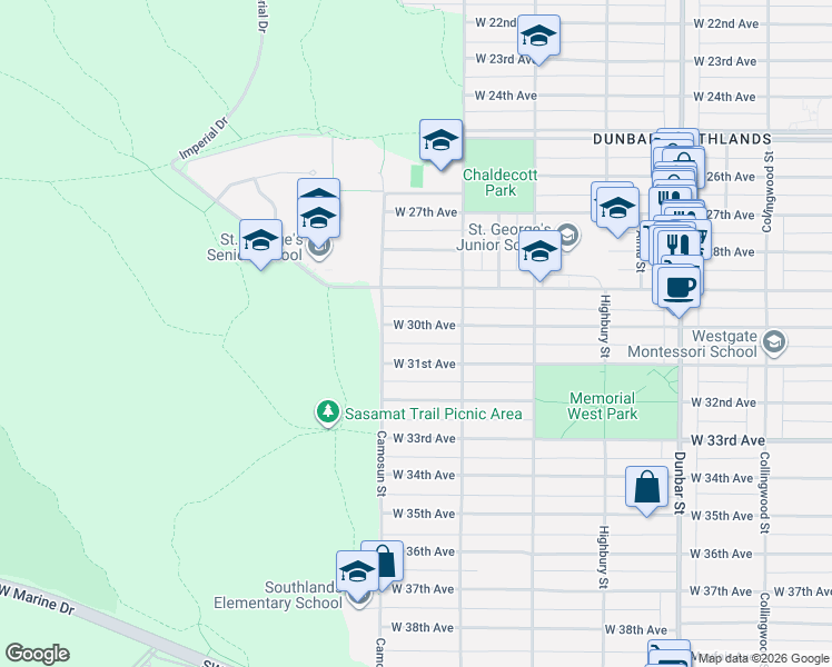 map of restaurants, bars, coffee shops, grocery stores, and more near 4056 West 30th Avenue in Vancouver