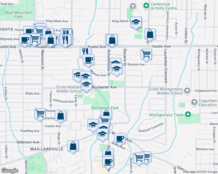 map of restaurants, bars, coffee shops, grocery stores, and more near Schoolhouse St & Rochester Ave in Coquitlam
