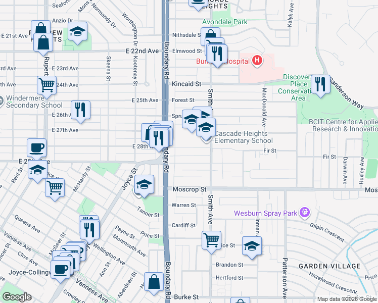 map of restaurants, bars, coffee shops, grocery stores, and more near 3749 Fir Street in Burnaby