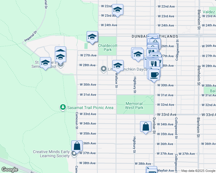 map of restaurants, bars, coffee shops, grocery stores, and more near 3946 West 30th Avenue in Vancouver
