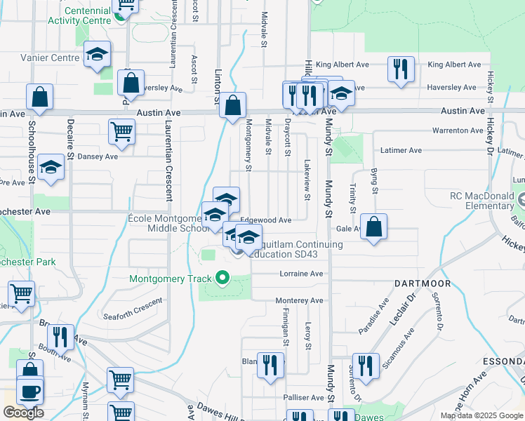 map of restaurants, bars, coffee shops, grocery stores, and more near 412 Midvale Street in Coquitlam