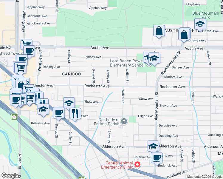 map of restaurants, bars, coffee shops, grocery stores, and more near 756 Rochester Avenue in Coquitlam