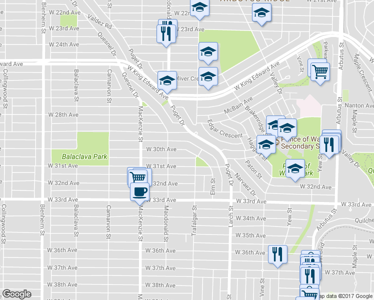 map of restaurants, bars, coffee shops, grocery stores, and more near 2723 West 30th Avenue in Vancouver