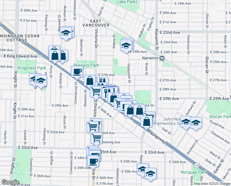 map of restaurants, bars, coffee shops, grocery stores, and more near 2119 East 29th Avenue in Vancouver
