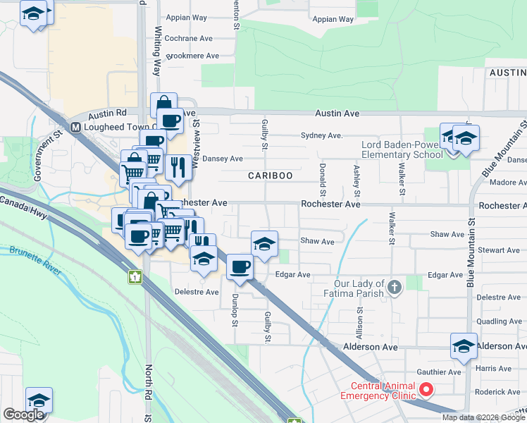 map of restaurants, bars, coffee shops, grocery stores, and more near 390 Guilby Street in Coquitlam