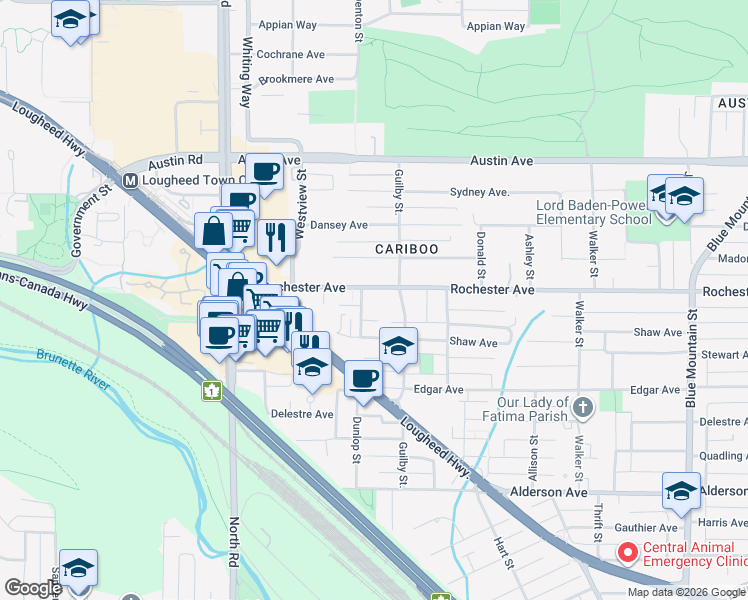 map of restaurants, bars, coffee shops, grocery stores, and more near 606 Rochester Avenue in Coquitlam