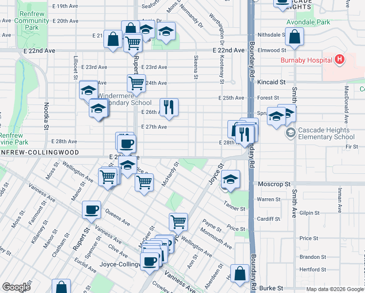map of restaurants, bars, coffee shops, grocery stores, and more near 3466 East 28th Avenue in Vancouver