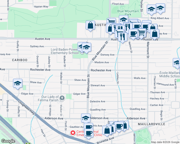 map of restaurants, bars, coffee shops, grocery stores, and more near 395 Blue Mountain Street in Coquitlam