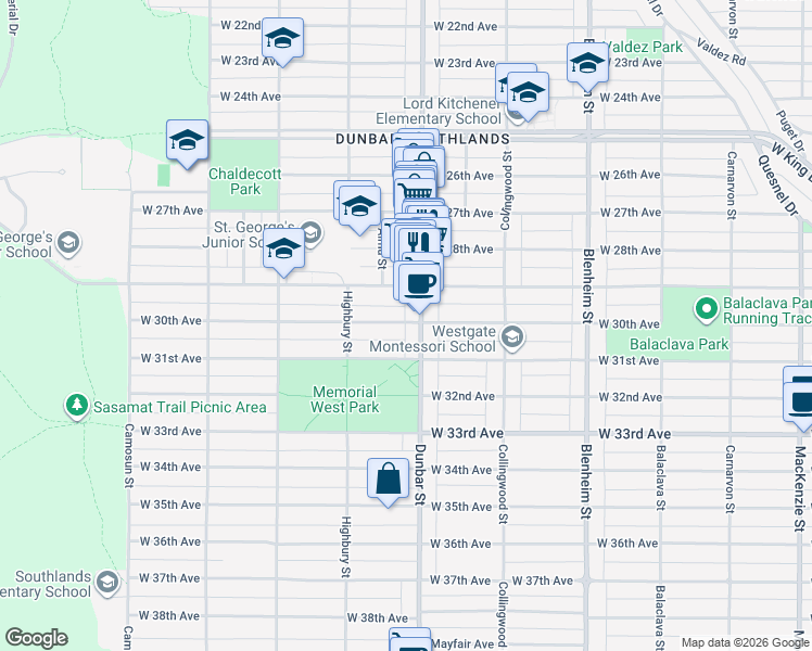 map of restaurants, bars, coffee shops, grocery stores, and more near 3608 West 30th Avenue in Vancouver