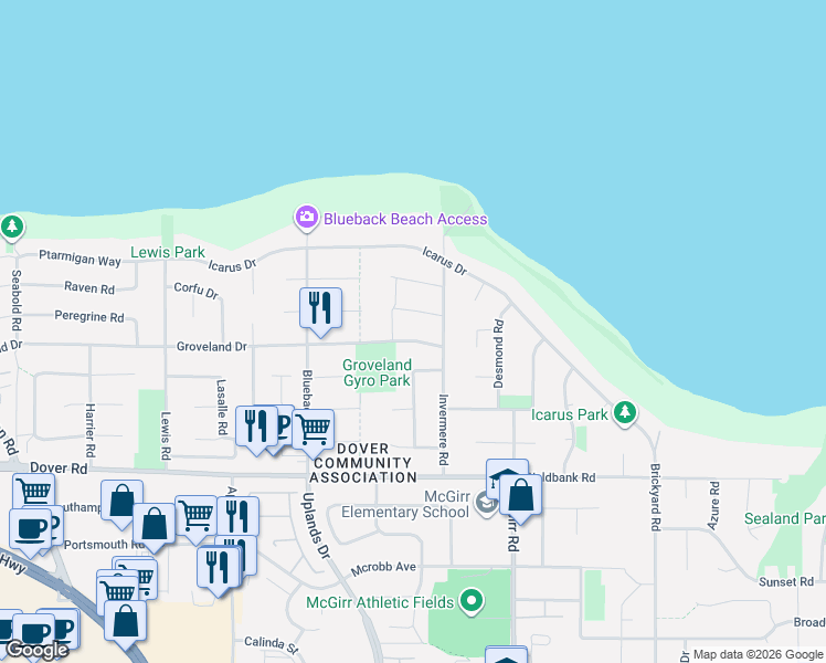 map of restaurants, bars, coffee shops, grocery stores, and more near 6218 Groveland Drive in Nanaimo